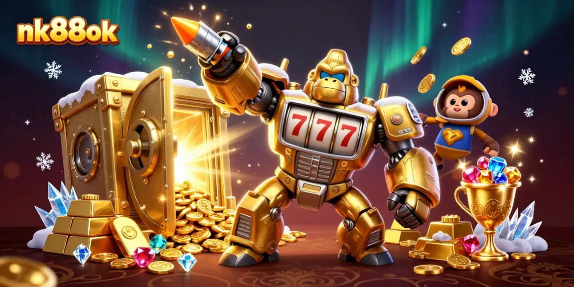 Experience the thrill of nk88ok with a vibrant 3D illustration of a golden mech and treasures galore.