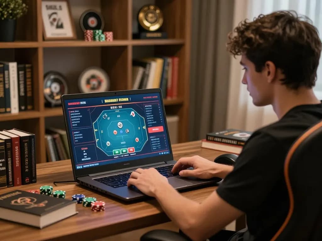 Player engaging in online poker competition at home reflecting nhacaiuytinn's strategic gambling approach