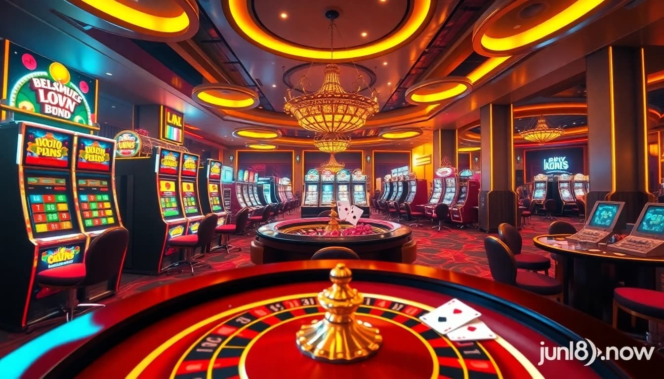 Gamble strategically with Jun88.now, showcasing dynamic slot machines and vibrant casino tables.