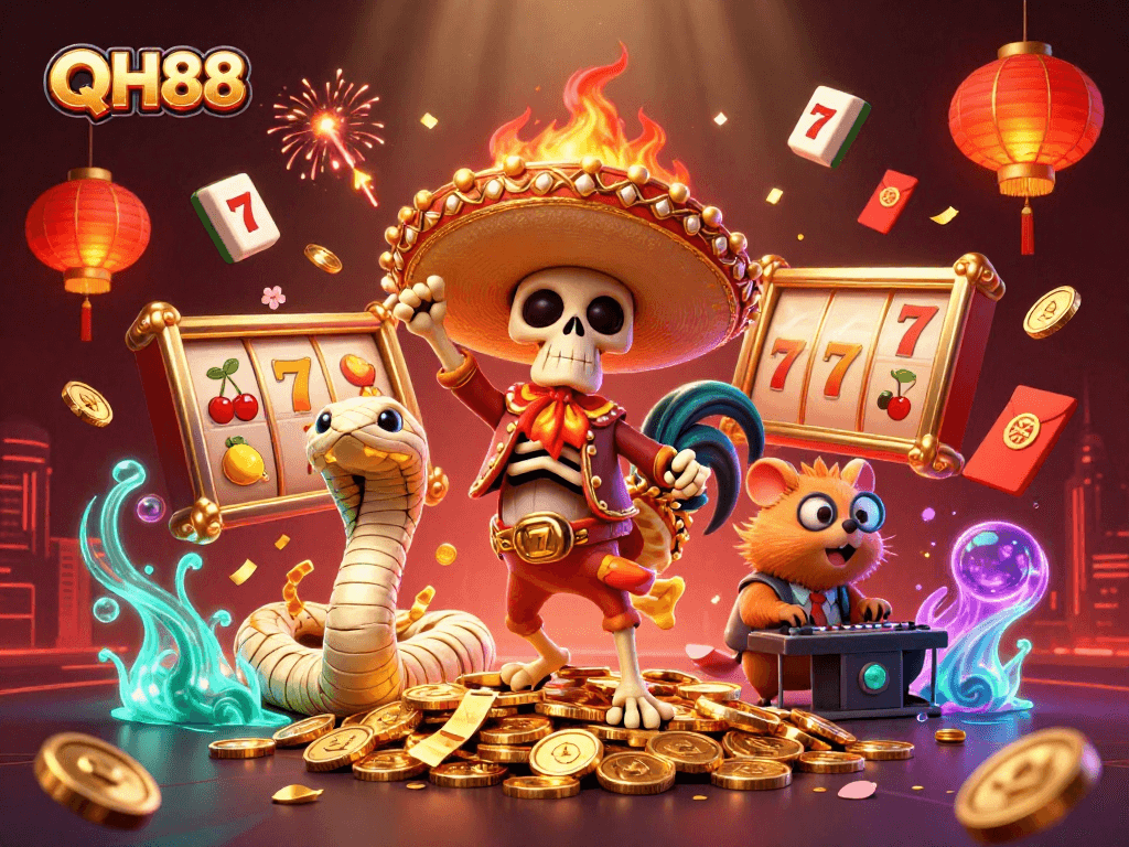 Celebrate wins with QH88's vibrant 3D illustration featuring lively casino characters.