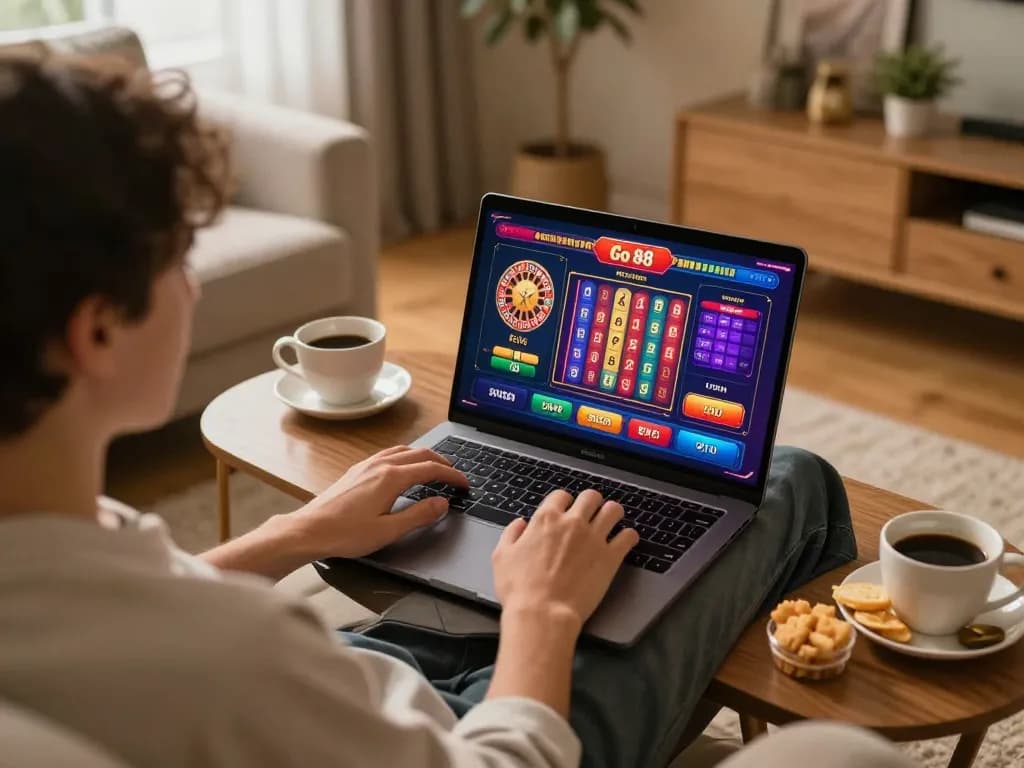 Player enjoying Go 88 online casino games on laptop in cozy living room setting with snacks.