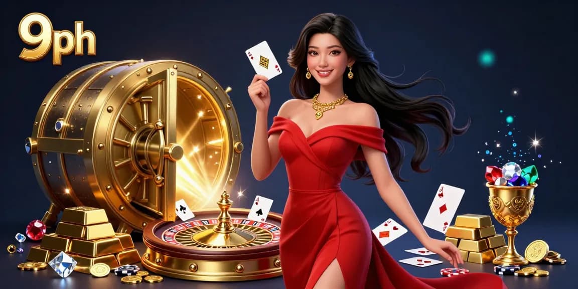 Engage with 9ph's stunning casino atmosphere featuring a confident young woman and a dynamic roulette scene.