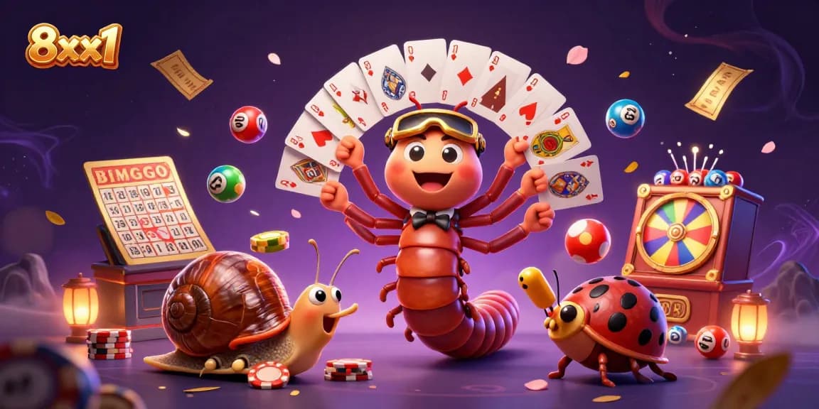 Engage with 8xx1's animated casino scene featuring a colorful lottery theme and immersive game elements.
