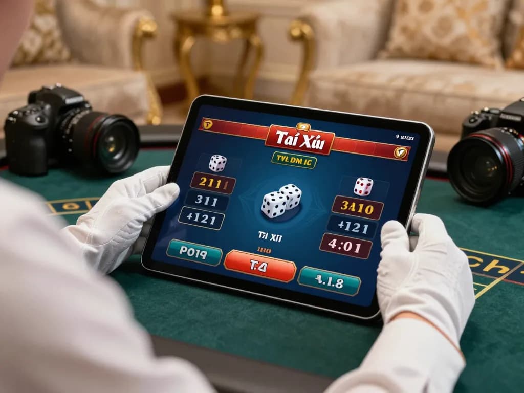 Player engaged in app tài xỉu online uy tín, strategizing winning bets on tablet.