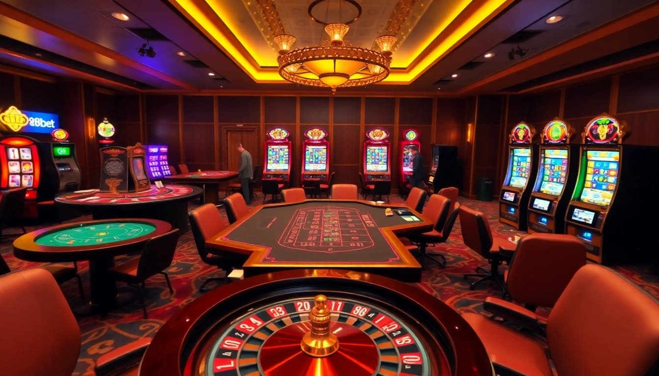 Experience the excitement of 88XX BET with vibrant tables and slot machines in a luxurious casino atmosphere.