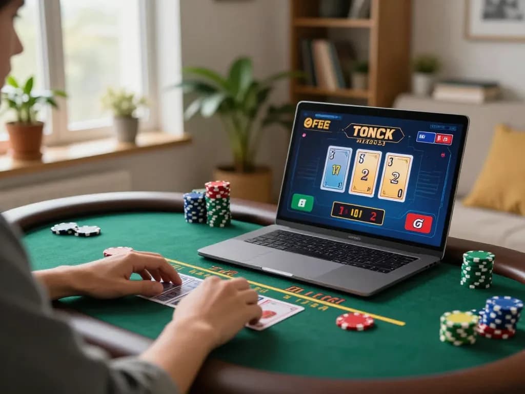 SAY88 engaging in live dealer blackjack from a cozy home setting, blending modern gaming with responsibility.