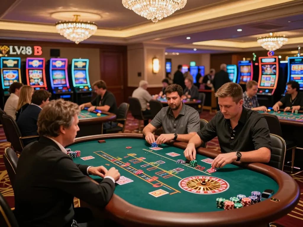 Players placing bets at LV88 casino tables, showcasing the excitement of high-stakes gaming.