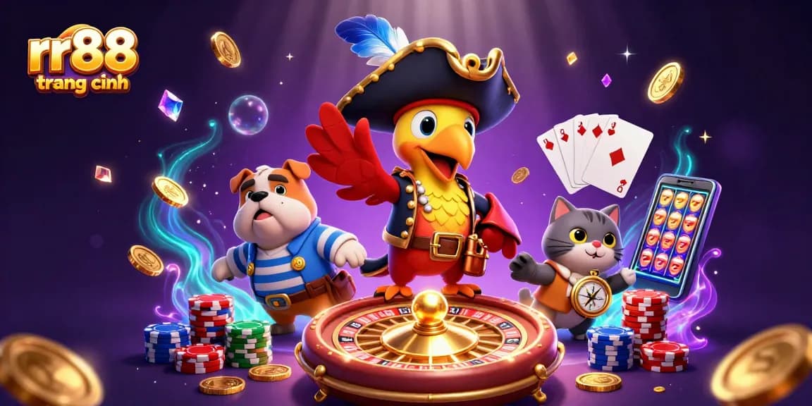 Experience rr88 trang chính with vibrant 3D gaming elements including a pirate captain and golden treasures.