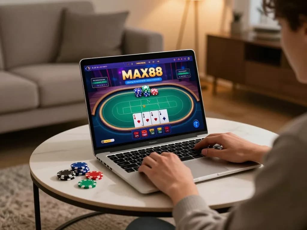 Engage with MAX88 online poker gameplay in a cozy home environment featuring vibrant graphics and strategic focus.