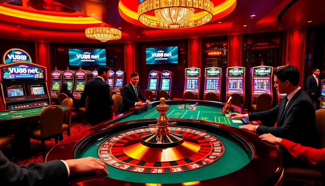 Experience the excitement at VU88 net with vibrant poker tables, roulette wheels, and lively casino atmosphere.
