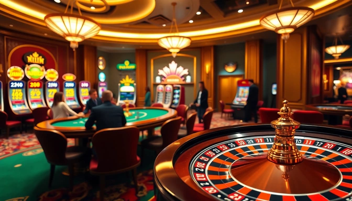 Engaging gaming scene at Trang chủ Luckywin showing players at a baccarat table amidst vibrant casino decor.