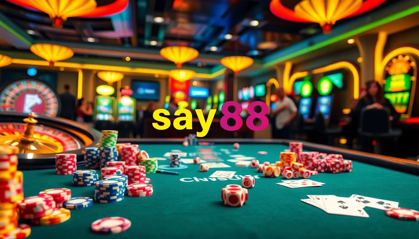 Experience luxury gambling at say88 with vibrant poker chips, cards, and exciting casino games.