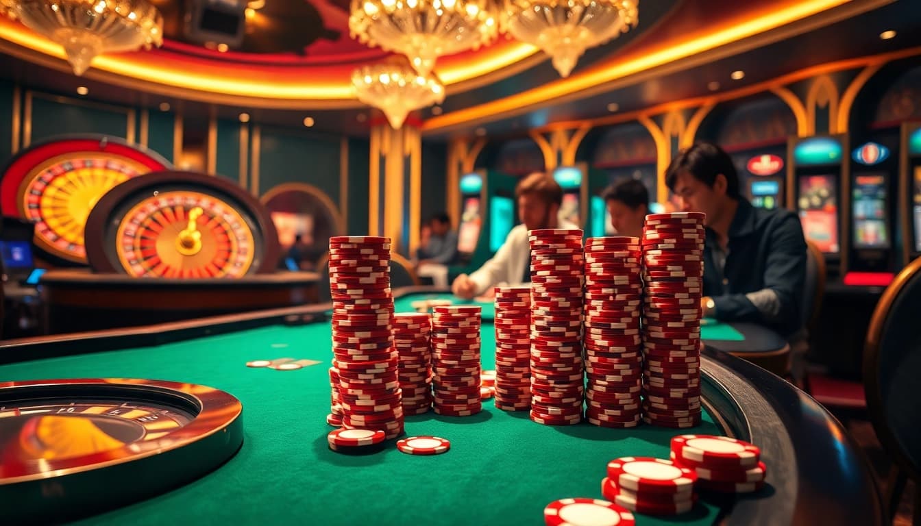 Exciting card game scene featuring uu88 branding among vibrant poker chips and roulette wheel.