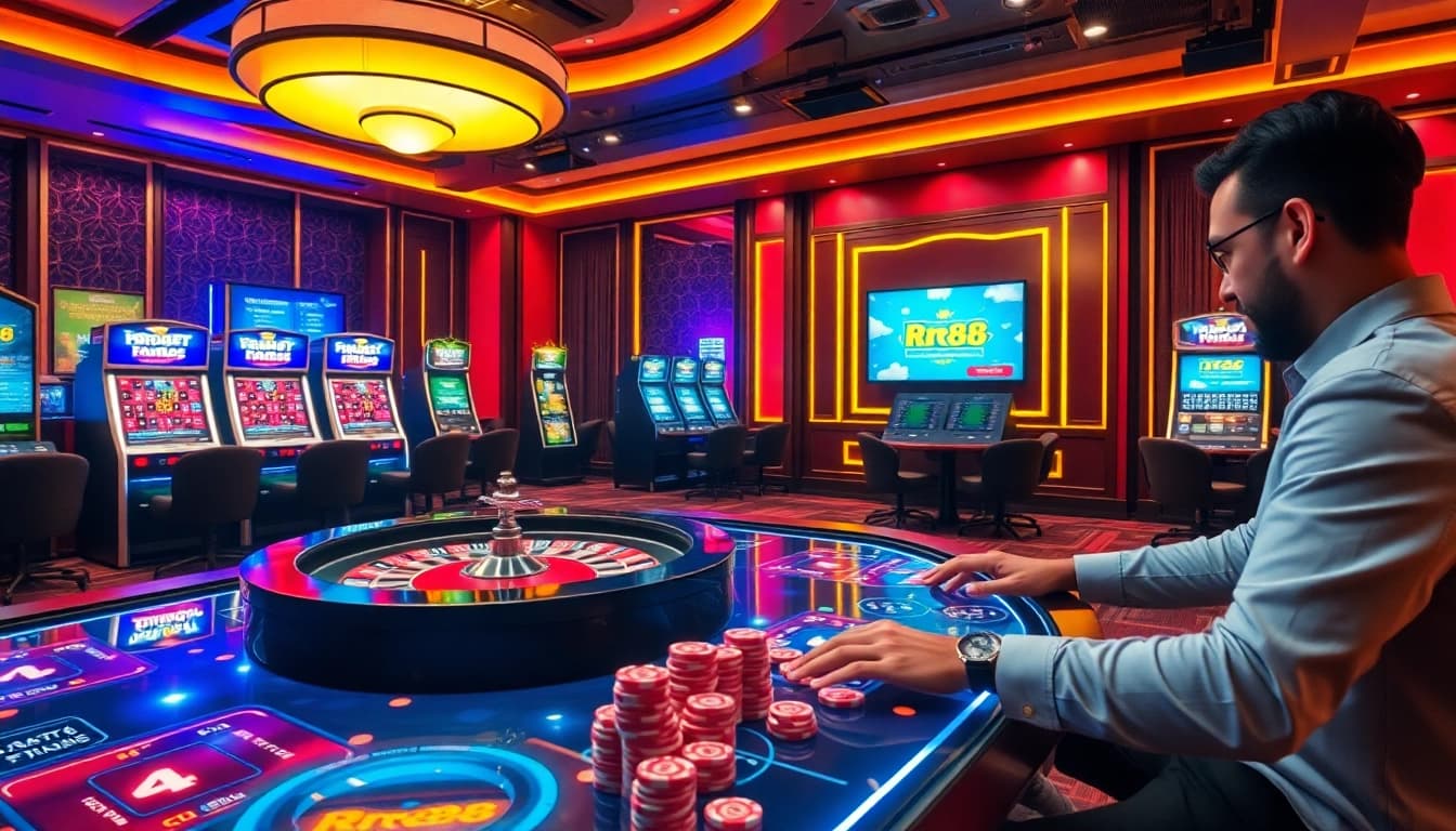 Experience the excitement of RR88 at a luxurious casino table featuring digital roulette and poker chips.