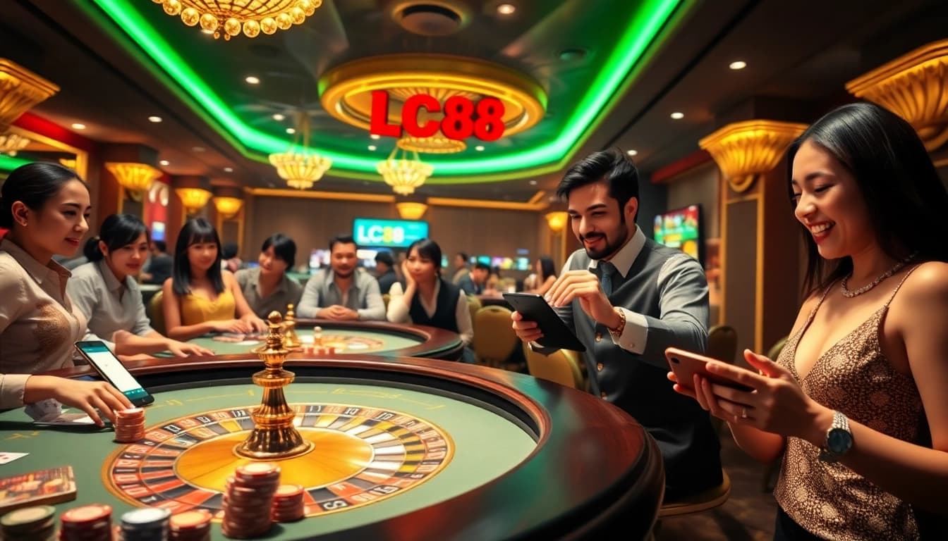 Players celebrating wins at LC88.band's vibrant online casino tables featuring roulette and cards.