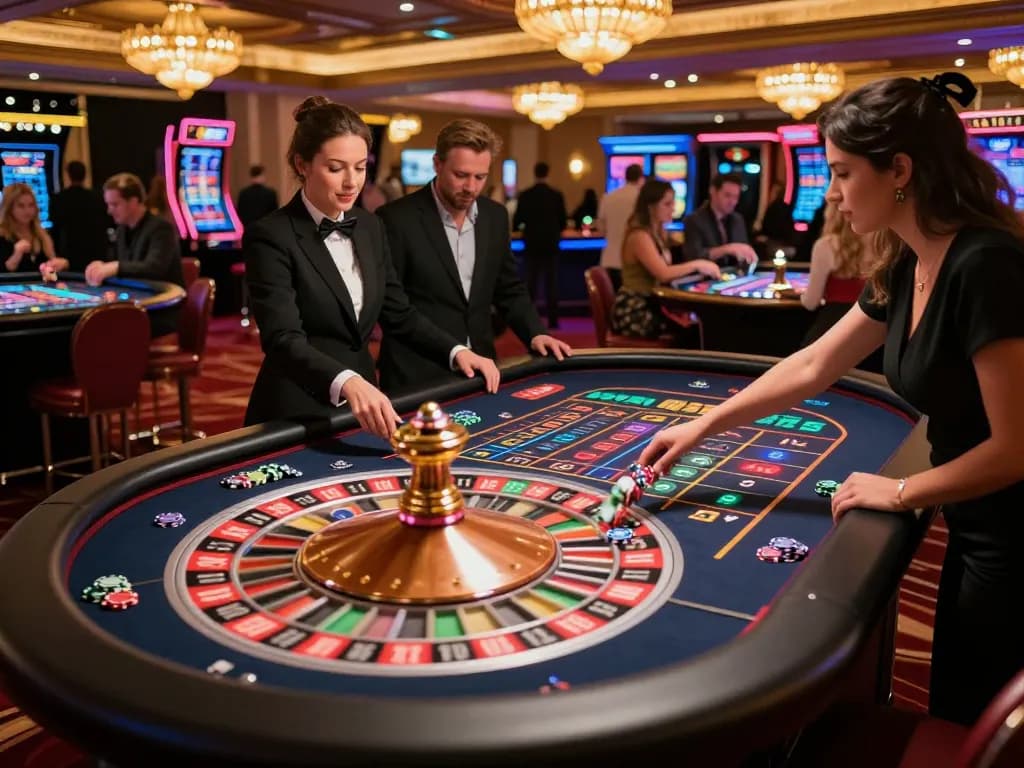 Experience the thrill of lc88 with lively roulette gameplay surrounded by excited players in a luxurious casino.