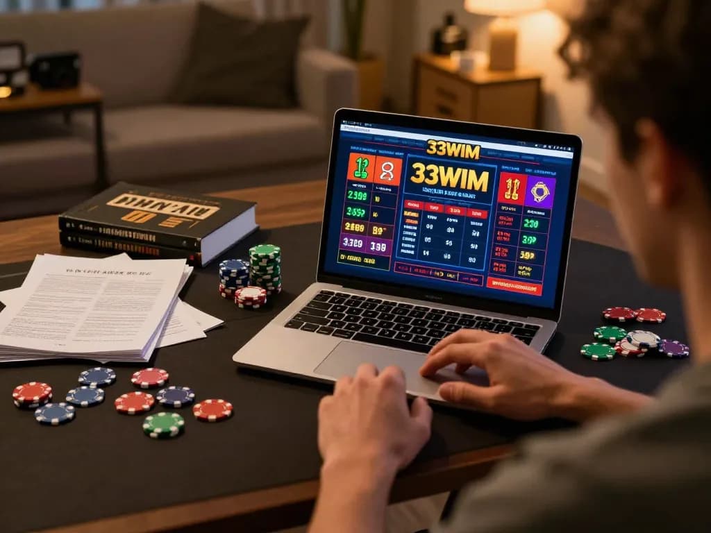 Player strategizing with 33WIM on laptop, immersive online gaming atmosphere
