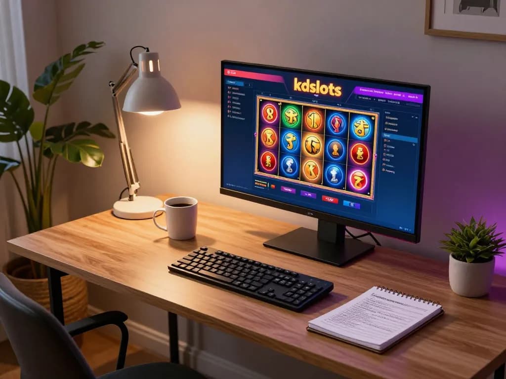 Engaging user enjoying kdslots online gaming experience on a sleek computer setup at home.