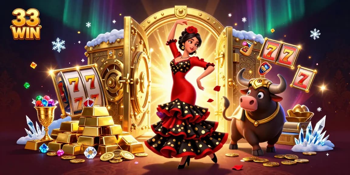 Experience the thrill of winning with 33 WIN as a flamenco dancer and bull celebrate jackpot treasures.