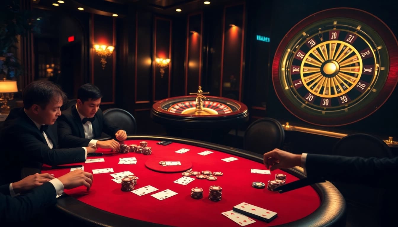 Players engaging in a thrilling poker game at a luxurious table, showcasing https://thabet.baby/ gaming excitement.