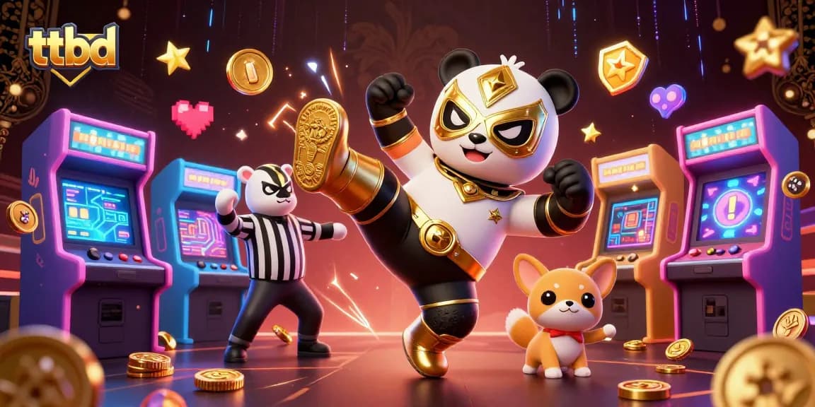 Experience thrilling action at ttbd with a panda warrior delivering a kick surrounded by vibrant gaming elements.