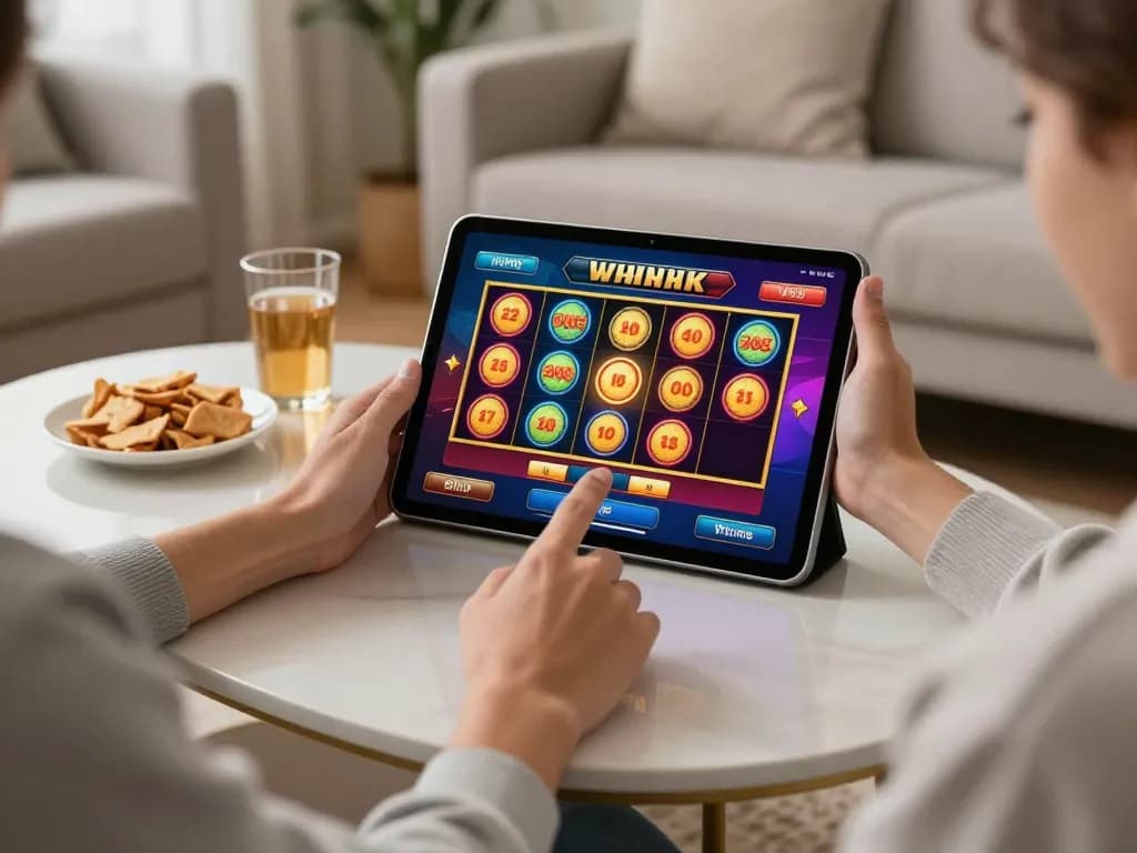 Sun win player engaging with a jackpot win on tablet in a cozy home setting