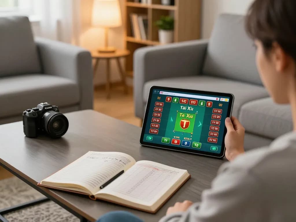 Engaging in online Tài Xỉu gaming, viewing game interface on tablet in cozy home setting.