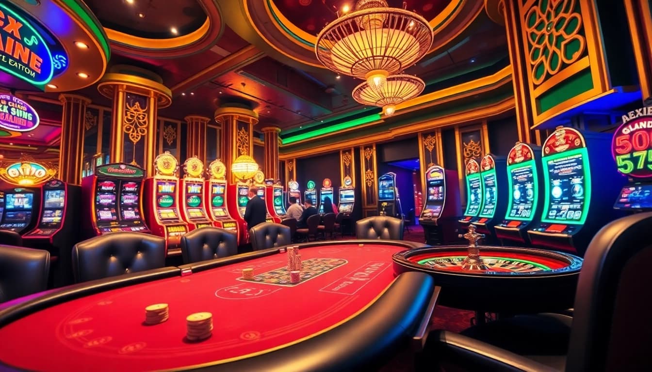 Experience the thrill of gaming at nhà cái 888b with vibrant casino visuals showing poker and slot play.