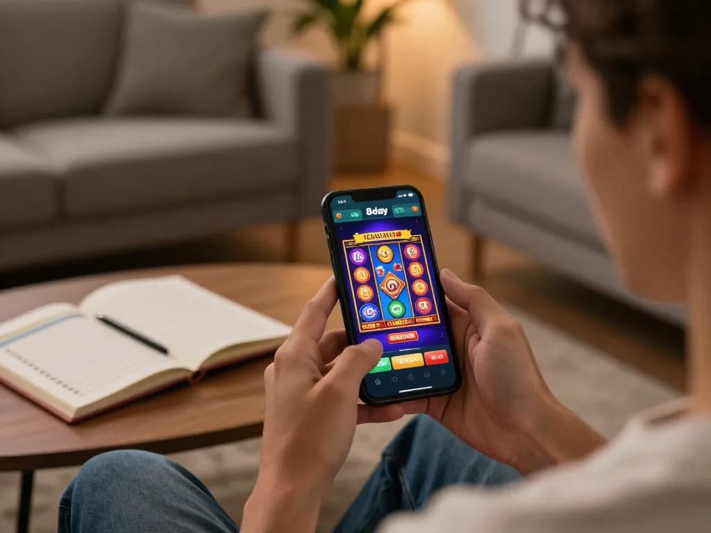Engaging gameplay on 8day casino app with a player enjoying slot games in a cozy home setting.