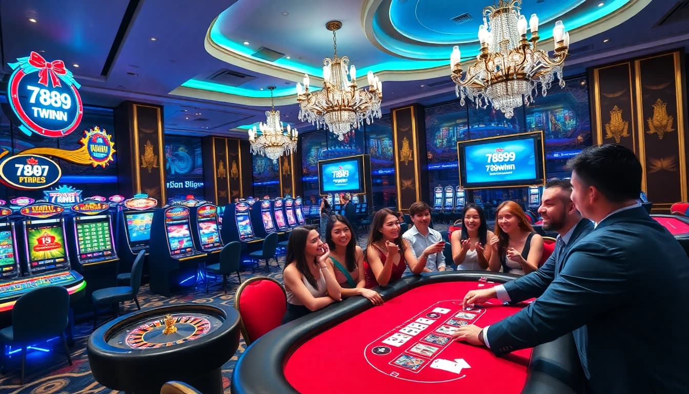 Gambling enthusiasts enjoying a vibrant casino scene at 789winn with poker and slot machines.
