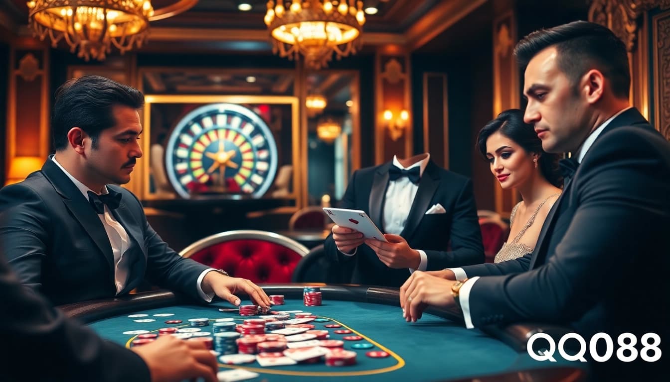 Players strategizing in a high-stakes poker game at QQ88 casino, surrounded by luxury.