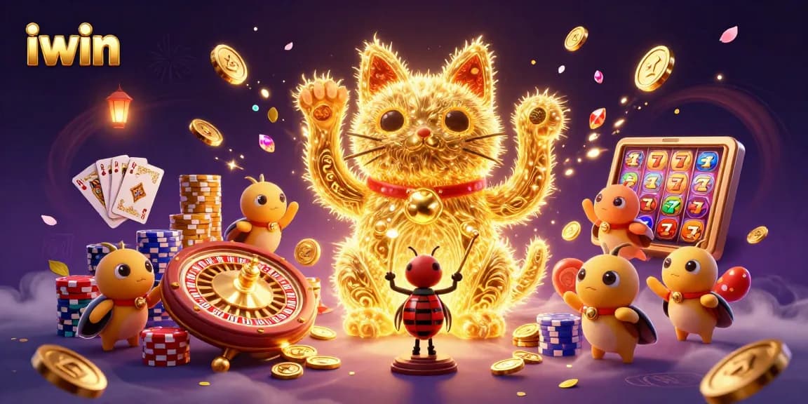 iwin presents a captivating scene of a lucky cat, poker chips, and coins as a vibrant 3D illustration.