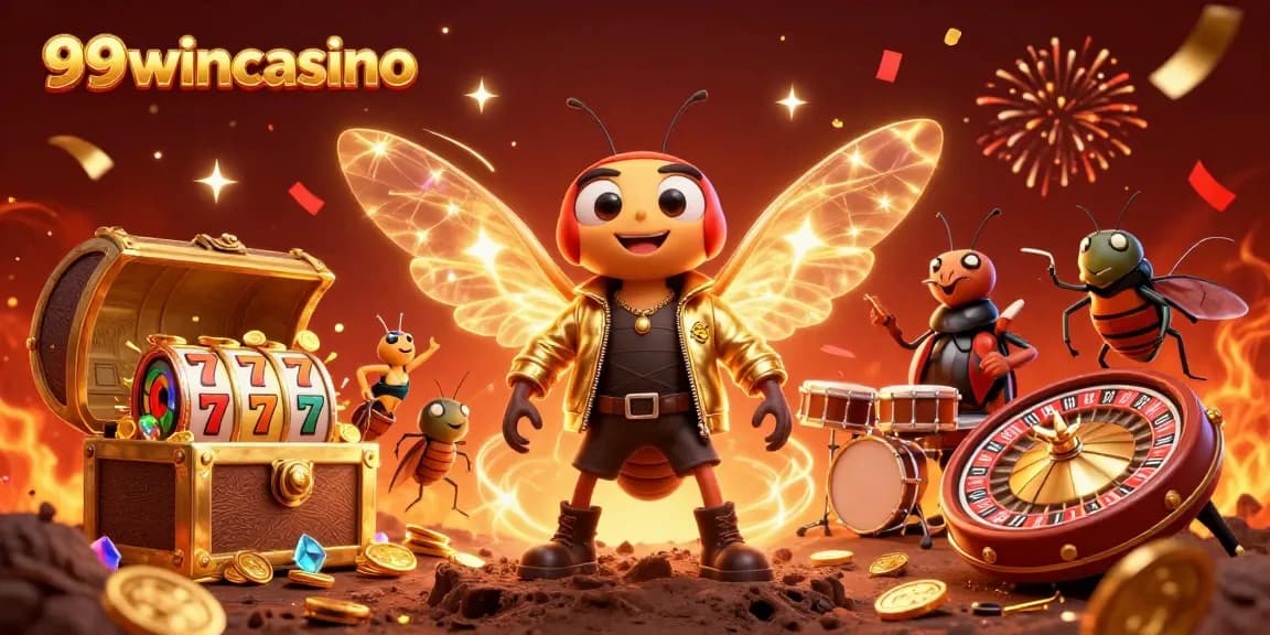 Experience the excitement of 99wincasino with vibrant slots, a buzzing rock star, and a festive atmosphere.