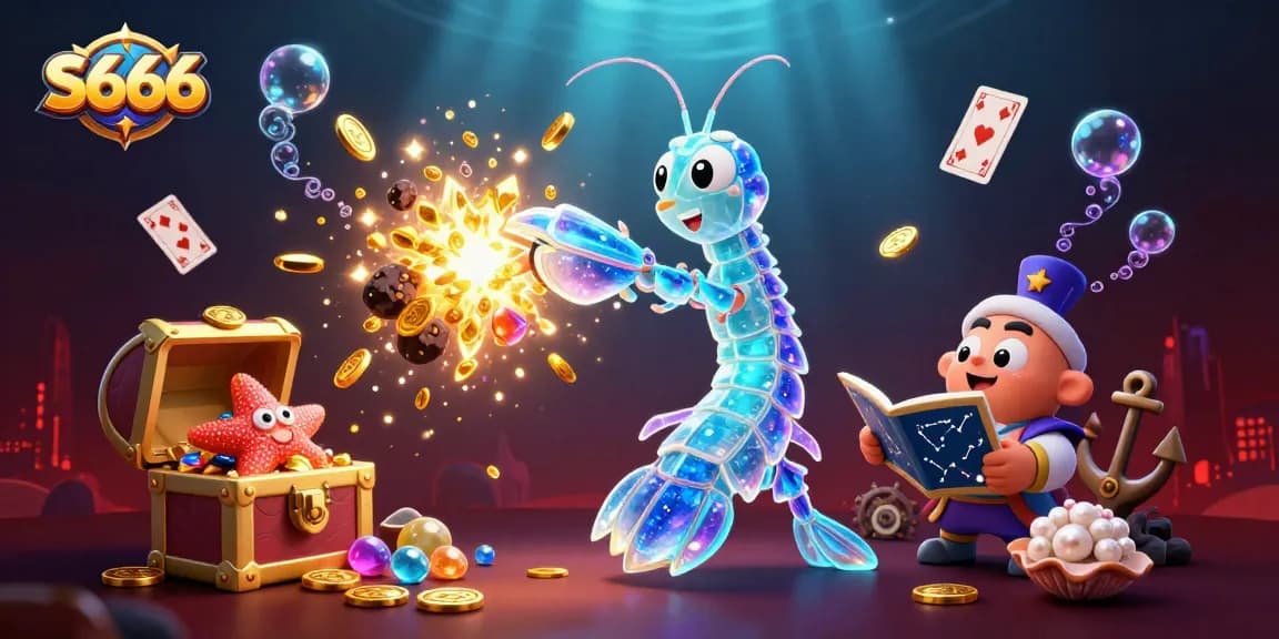 S666 gaming scene with a galactic mantis shrimp and treasure elements bursting with gold coins during an exciting betting adventure.