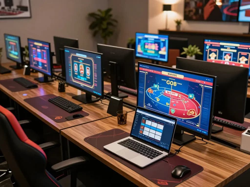 Engaged player navigating GO8 casino app on laptop in stylish online gaming setup.