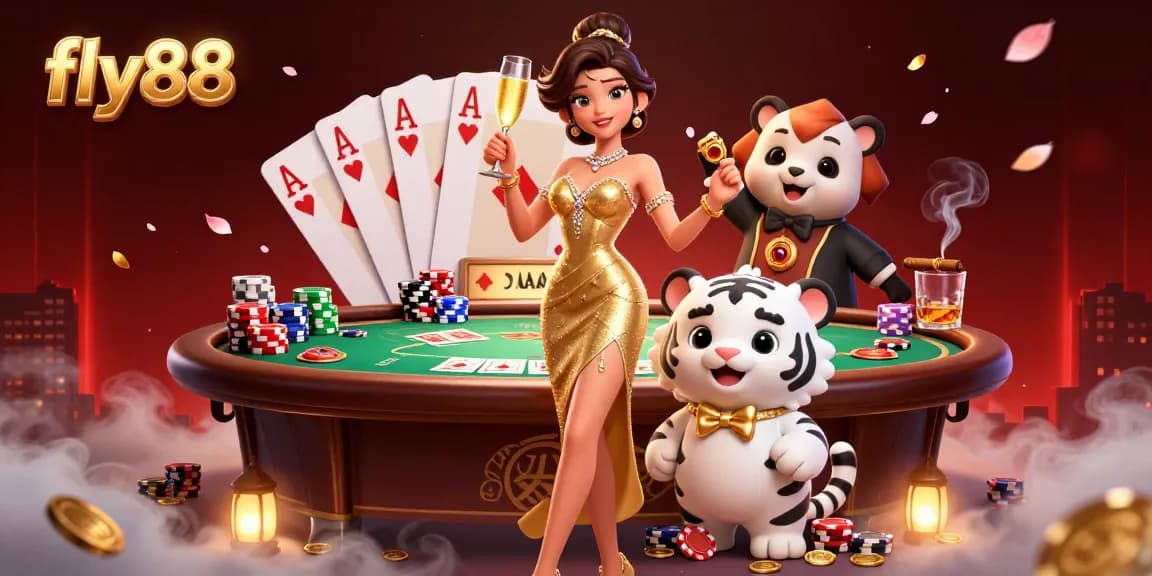 Win big with fly88 in this vibrant casino scene featuring a glamorous woman and a lucky tiger.