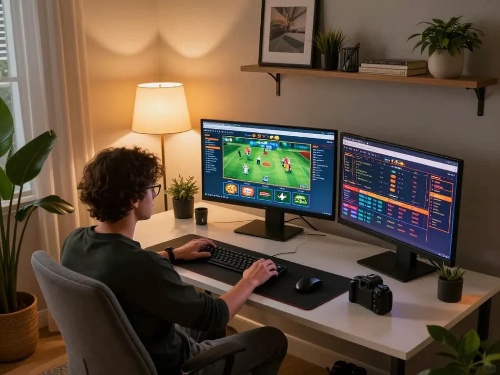 Engaging in strategic online gaming with 79sodoe at a stylish home office setup, showcasing live dealer action