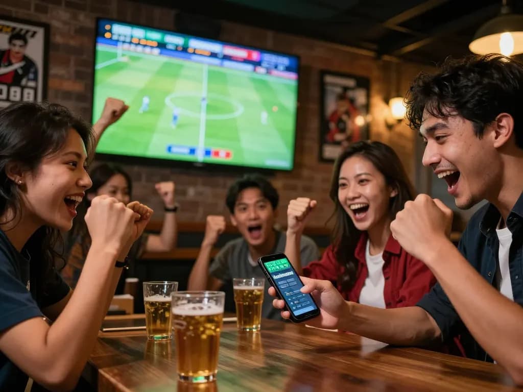 Friends celebrating a live football match while placing bets on keobongda, showcasing excitement and strategy.