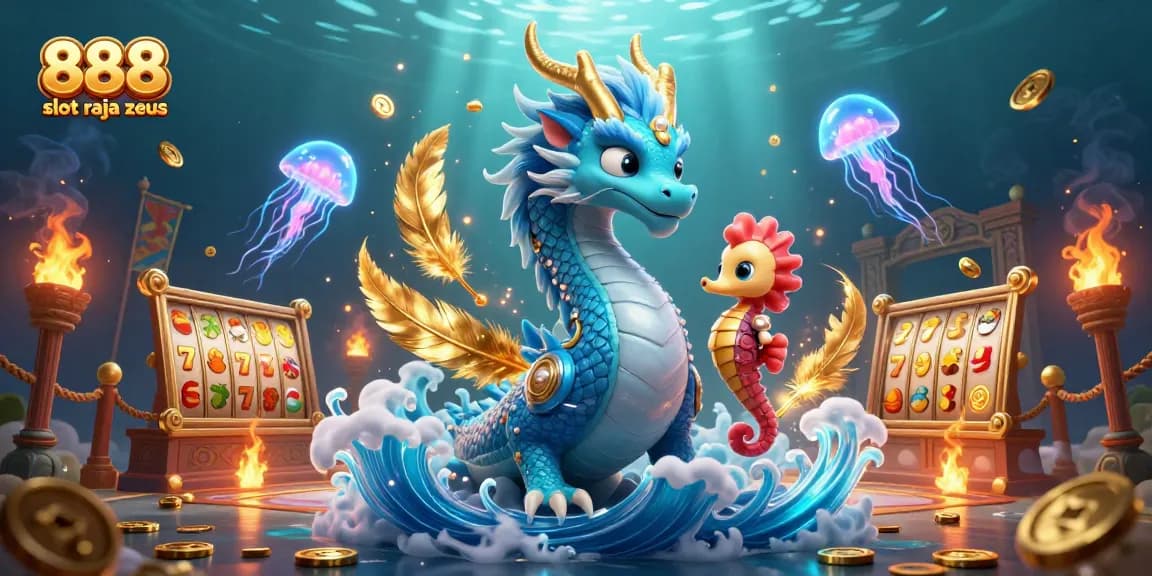 Experience 888 slot raja zeus with vibrant casino-themed illustration featuring dragons and slot reels.