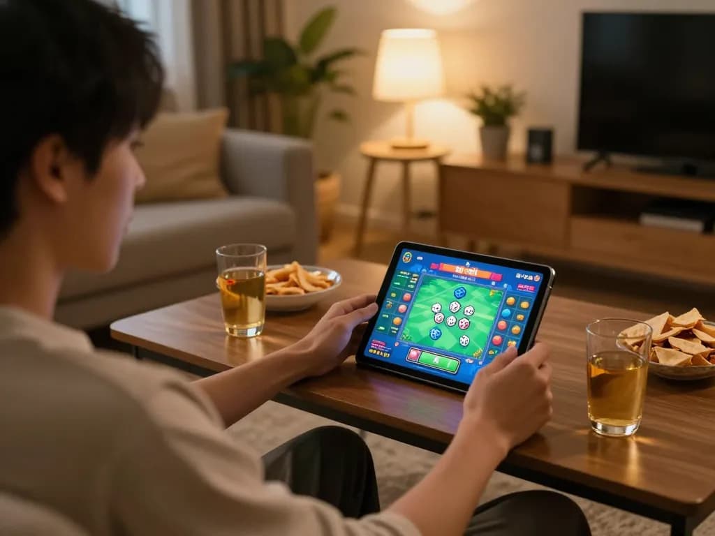 Engaging scene of a player tải game tài xỉu on a tablet in a warm home setting with vibrant gaming elements