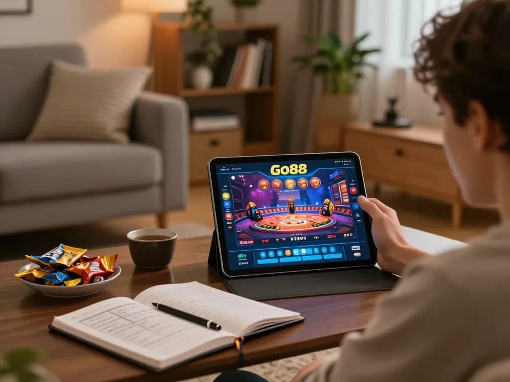 Engaging gameplay on the Go88 app during a cozy evening in a stylish living room.