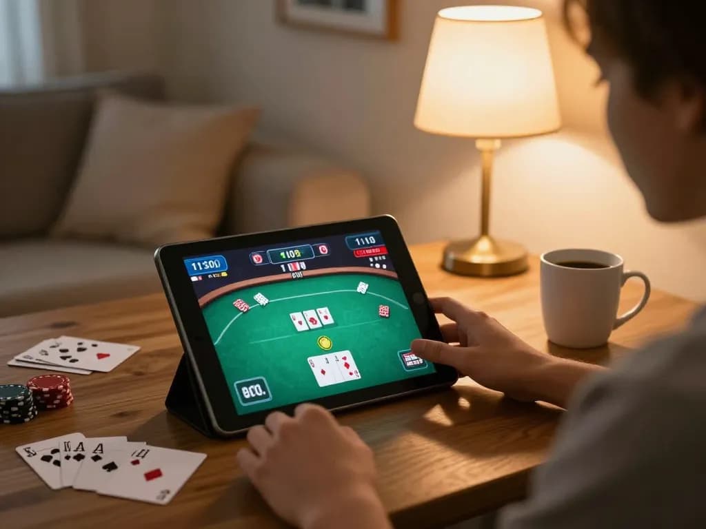 Person enjoying online gambling on n88 app in a cozy home setup with strategic notes and drinks.