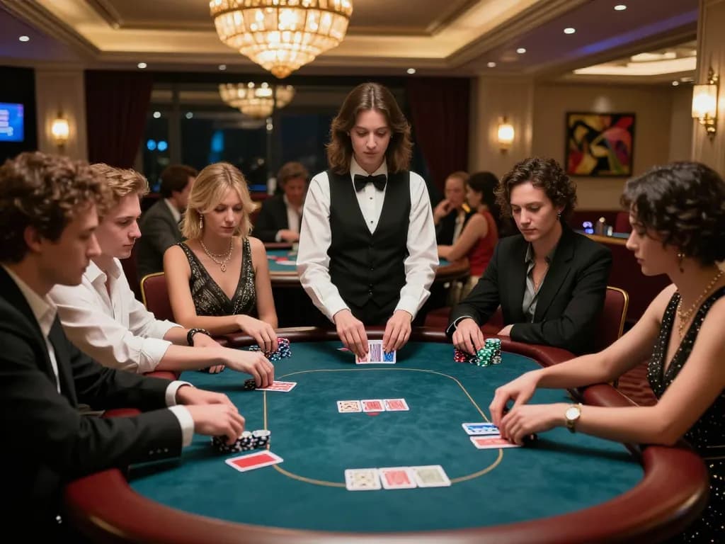 Players engaged in a high-stakes poker game at https://7m.us.com/, showcasing strategy and excitement in a luxurious setting