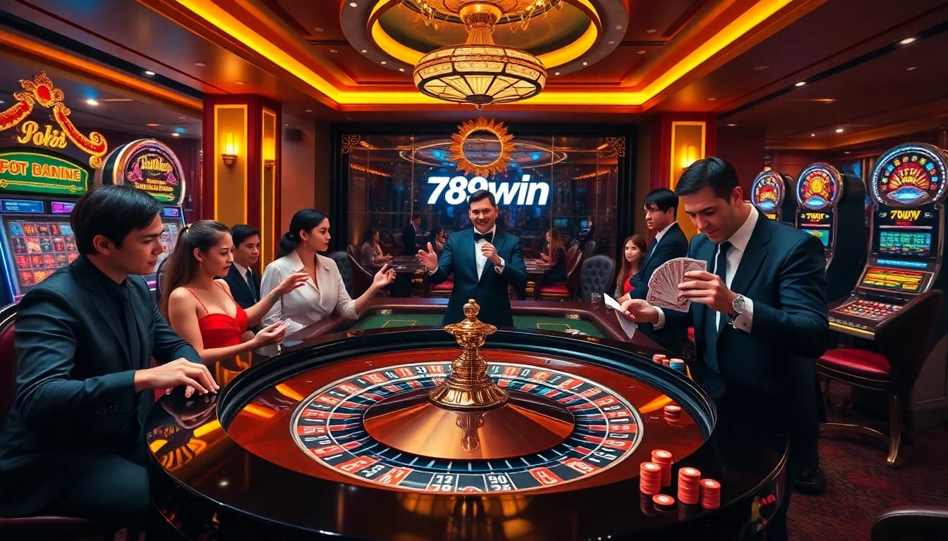 Excited gamers engage with 789win's luxurious online casino, featuring a roulette table and sparkling slot machines.