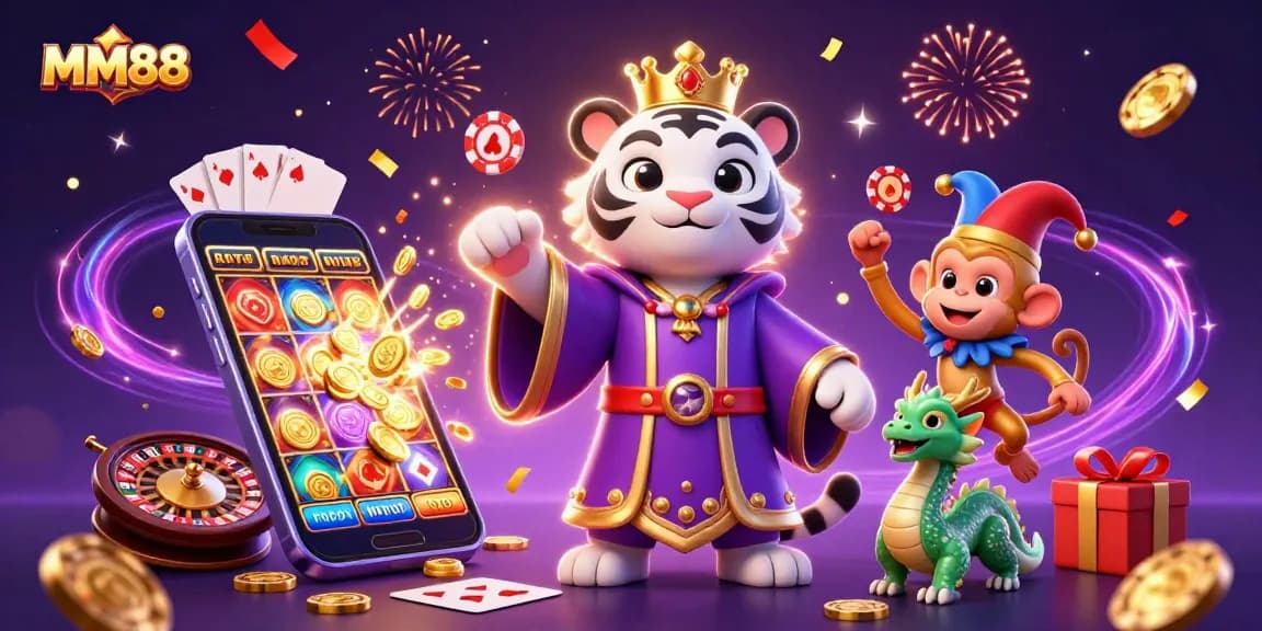 Play and win with MM88 as the royal tiger and jester monkey bring excitement to online gaming.