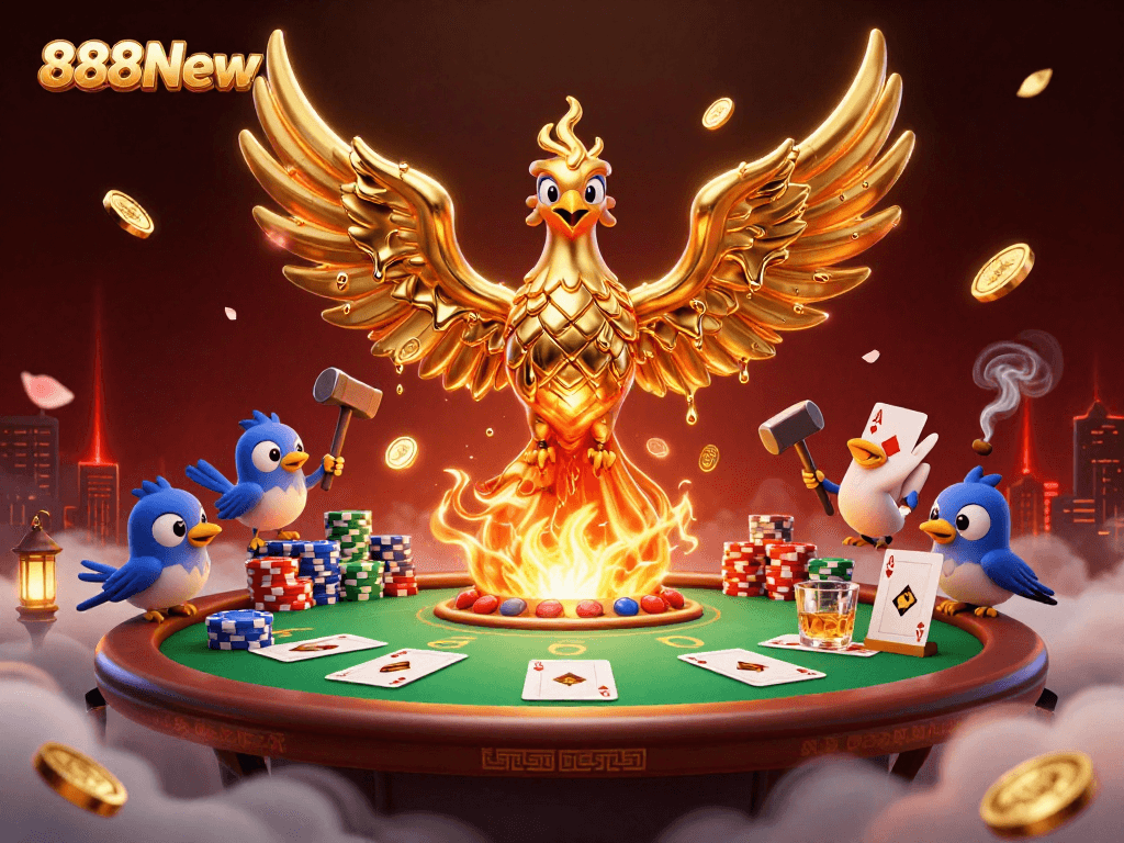 Experience excitement with 888New as golden phoenix leads poker stakes with vibrant casino elements.