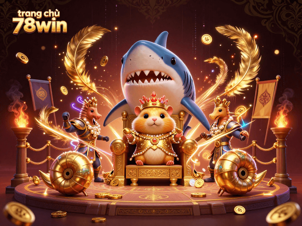 Engage with the stunning trang chủ 78win 3D casino illustration featuring a hamster king on a shark throne.