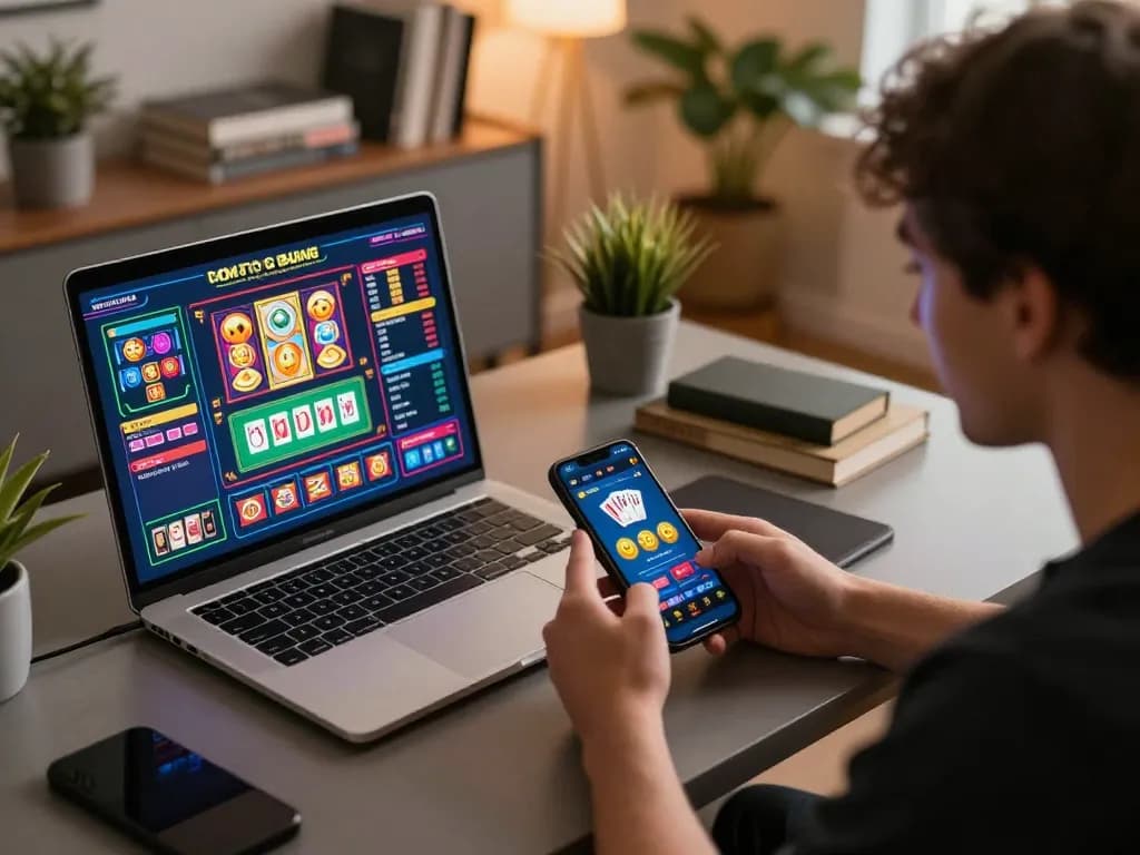 Engaging in online casino gaming at okking1 with smartphone and laptop, showcasing immersive gaming setup.