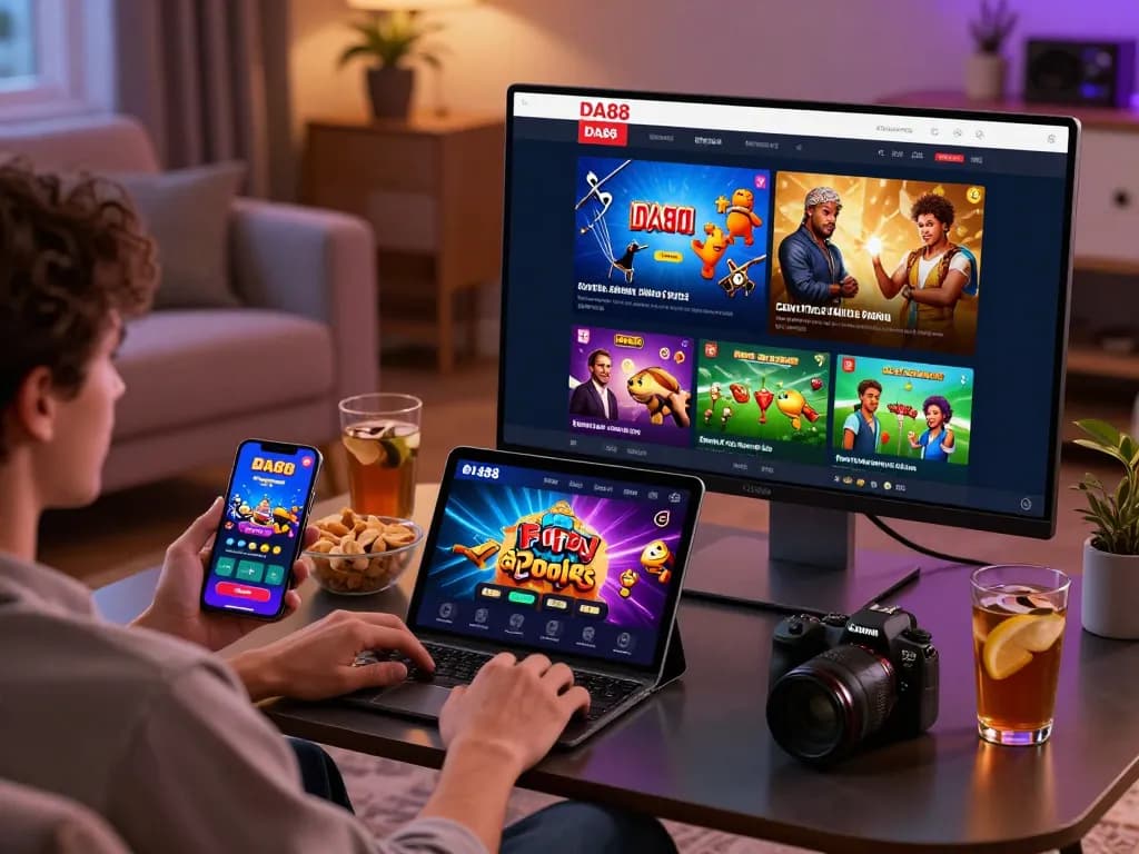 Engaging scene showcasing nhà cái uy tín da88 on multiple devices, featuring online gaming options and a relaxed user environment.