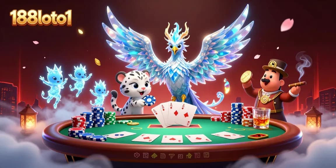 Engage with 188loto1's immersive ice-themed casino scene showcasing vibrant characters and poker elements.
